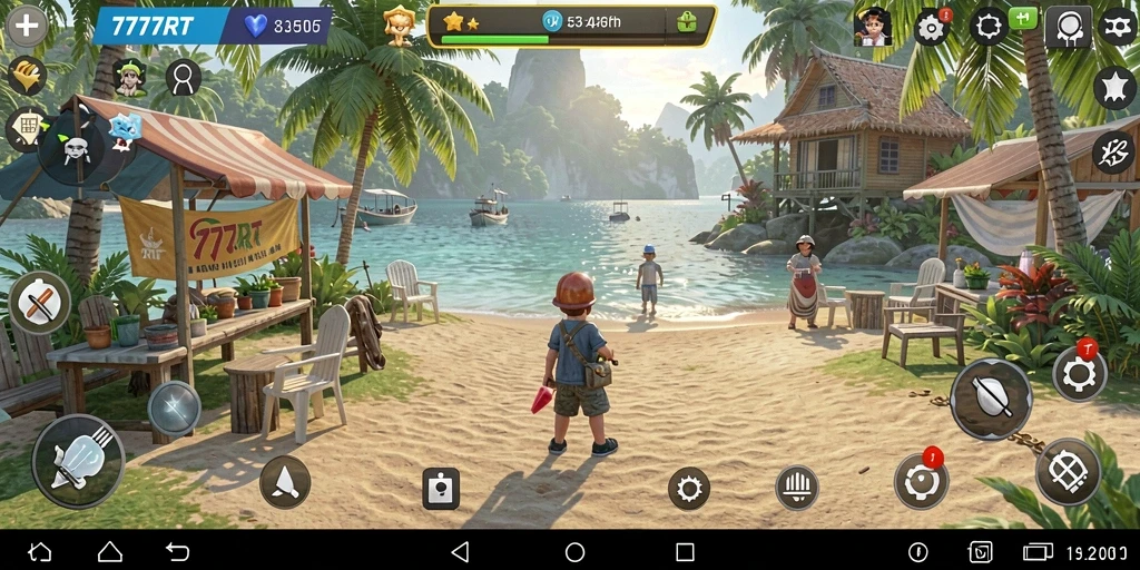 Tampilan grafis penuh warna dari gameplay simulator 777RT.