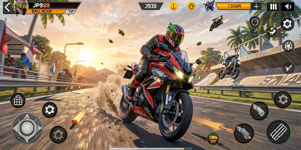 Screenshot gameplay JPS88 menampilkan balapan seru dengan motor yang tangguh.