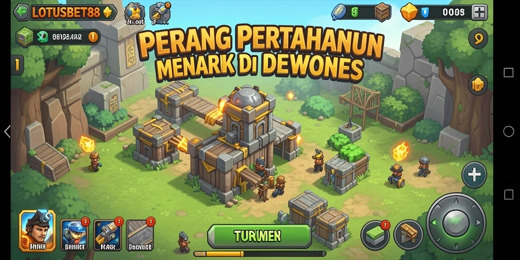 Screenshot game LOTUSBET88 menampilkan aksi pertahanan menara yang epik.