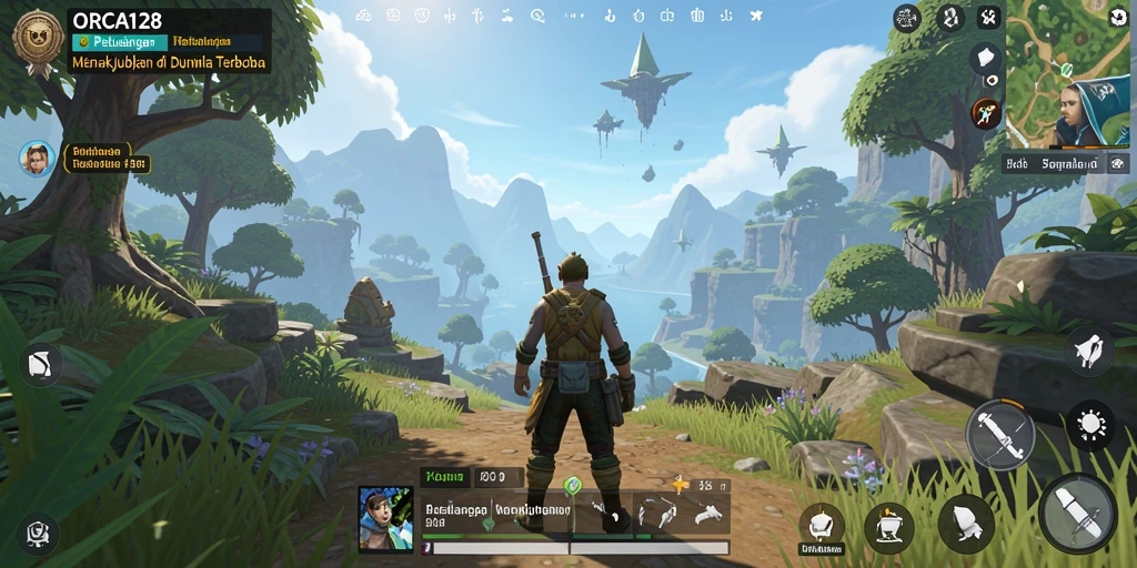 Gameplay ORCA128 yang menampilkan eksplorasi dunia terbuka.