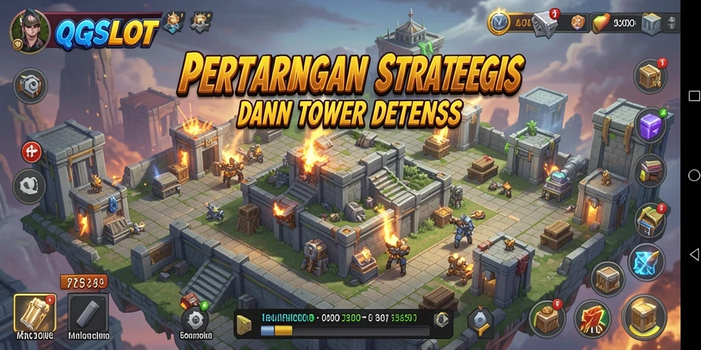 Tampilan gameplay QQSLOT dengan strategi menara yang seru.