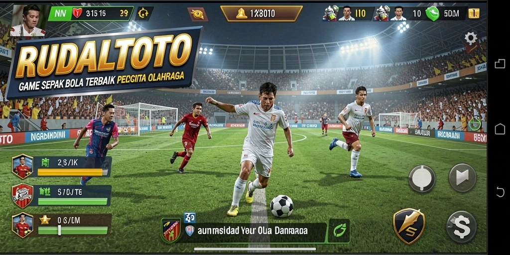 Screenshot RUDALTOTO menampilkan aksi seru di lapangan sepak bola.