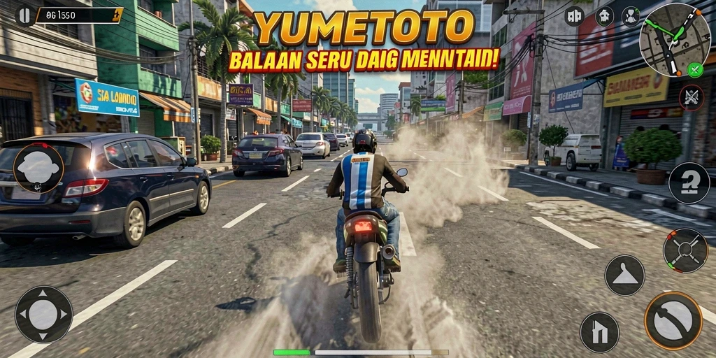 Tampilan gameplay seru di YUMETOTO dengan berbagai mobil balap.