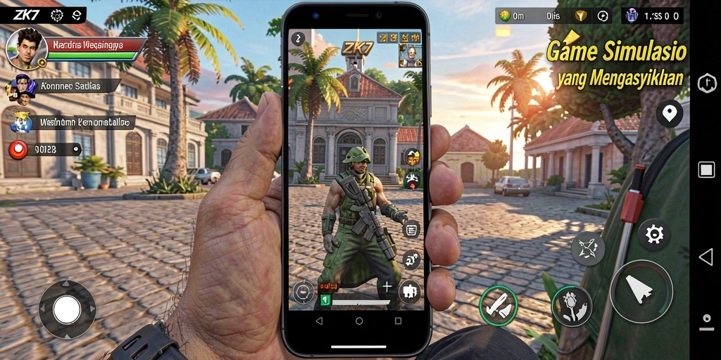 Screenshot gameplay ZK7 menunjukkan interaksi karakter dalam simulasi.